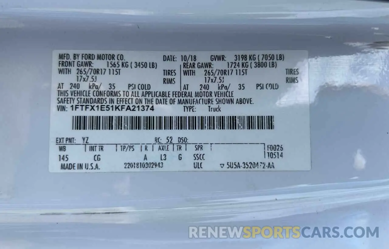 10 Photograph of a damaged car 1FTFX1E51KFA21374 FORD F-150 2019