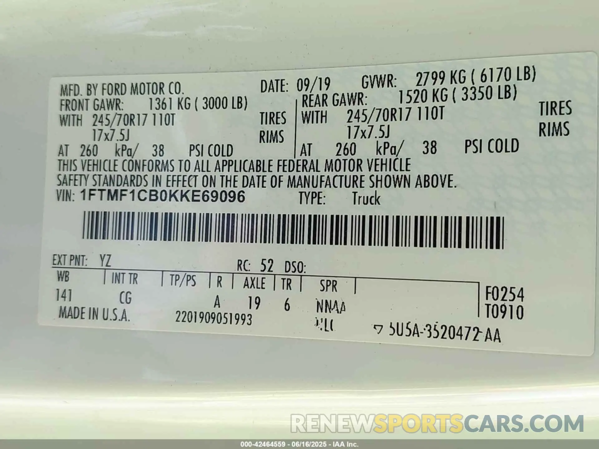 9 Photograph of a damaged car 1FTMF1CB0KKE69096 FORD F-150 2019