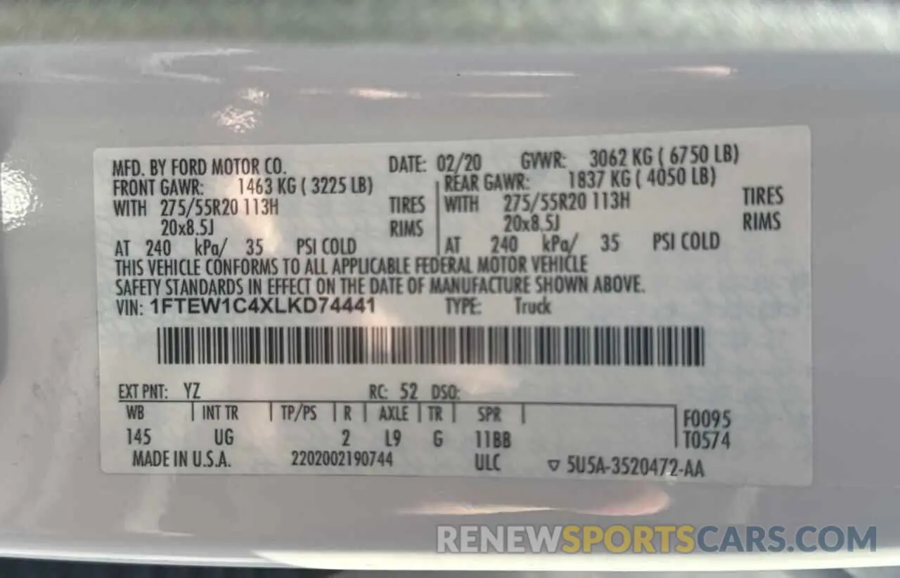 10 Photograph of a damaged car 1FTEW1C4XLKD74441 FORD F-150 2020