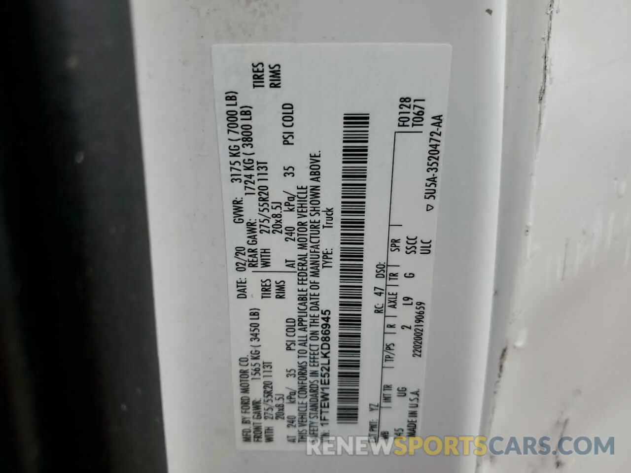 12 Photograph of a damaged car 1FTEW1E52LKD86945 FORD F-150 2020