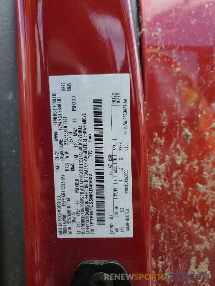 12 Photograph of a damaged car 1FTFW1E55MKD40502 FORD F-150 2021