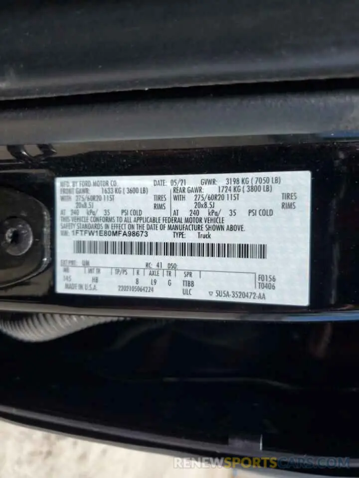 12 Photograph of a damaged car 1FTFW1E80MFA98673 FORD F-150 2021