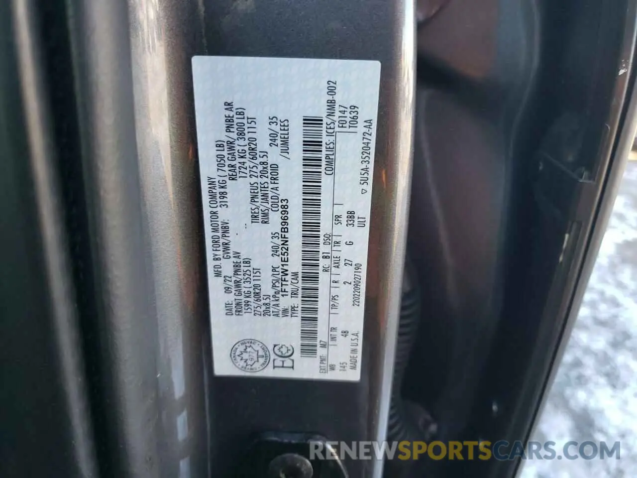 13 Photograph of a damaged car 1FTFW1E52NFB96983 FORD F-150 2022