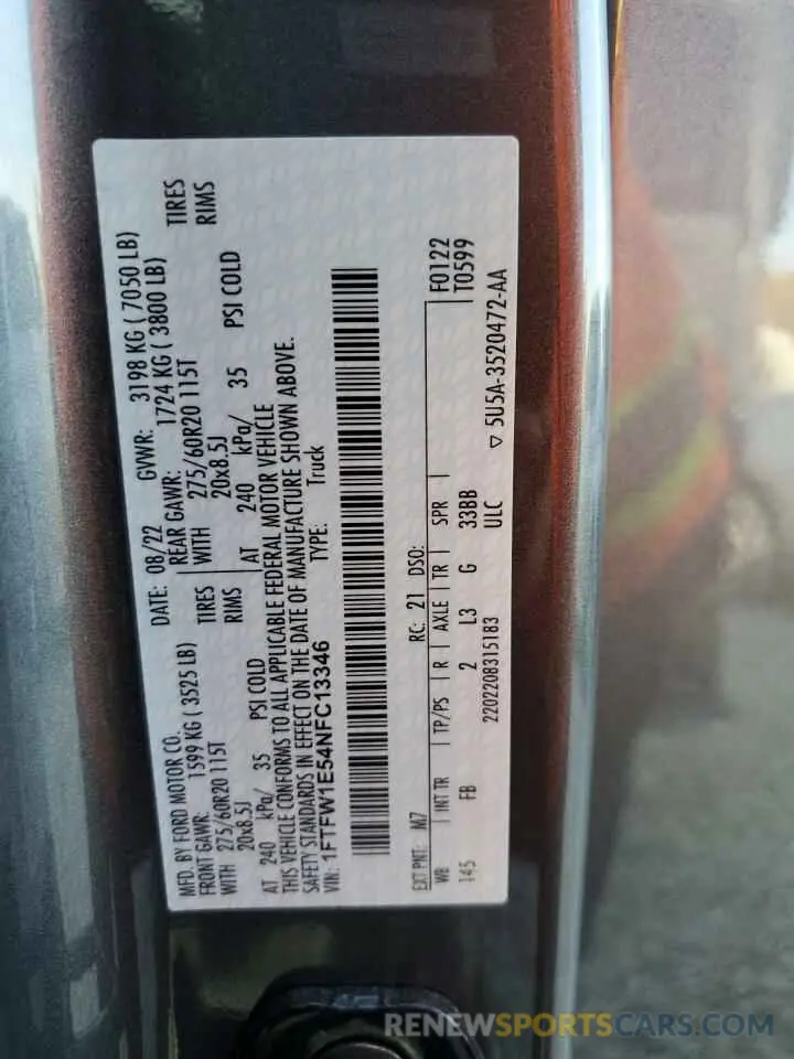 13 Photograph of a damaged car 1FTFW1E54NFC13346 FORD F-150 2022