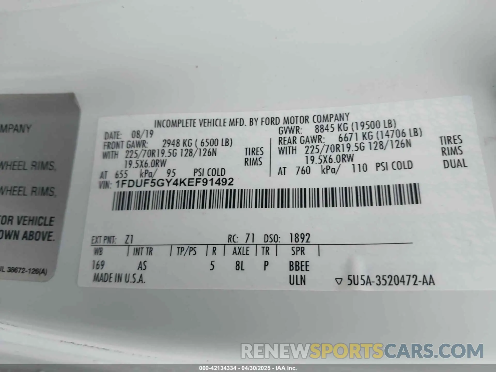 8 Photograph of a damaged car 1FDUF5GY4KEF91492 FORD F-550 CHASSIS 2019