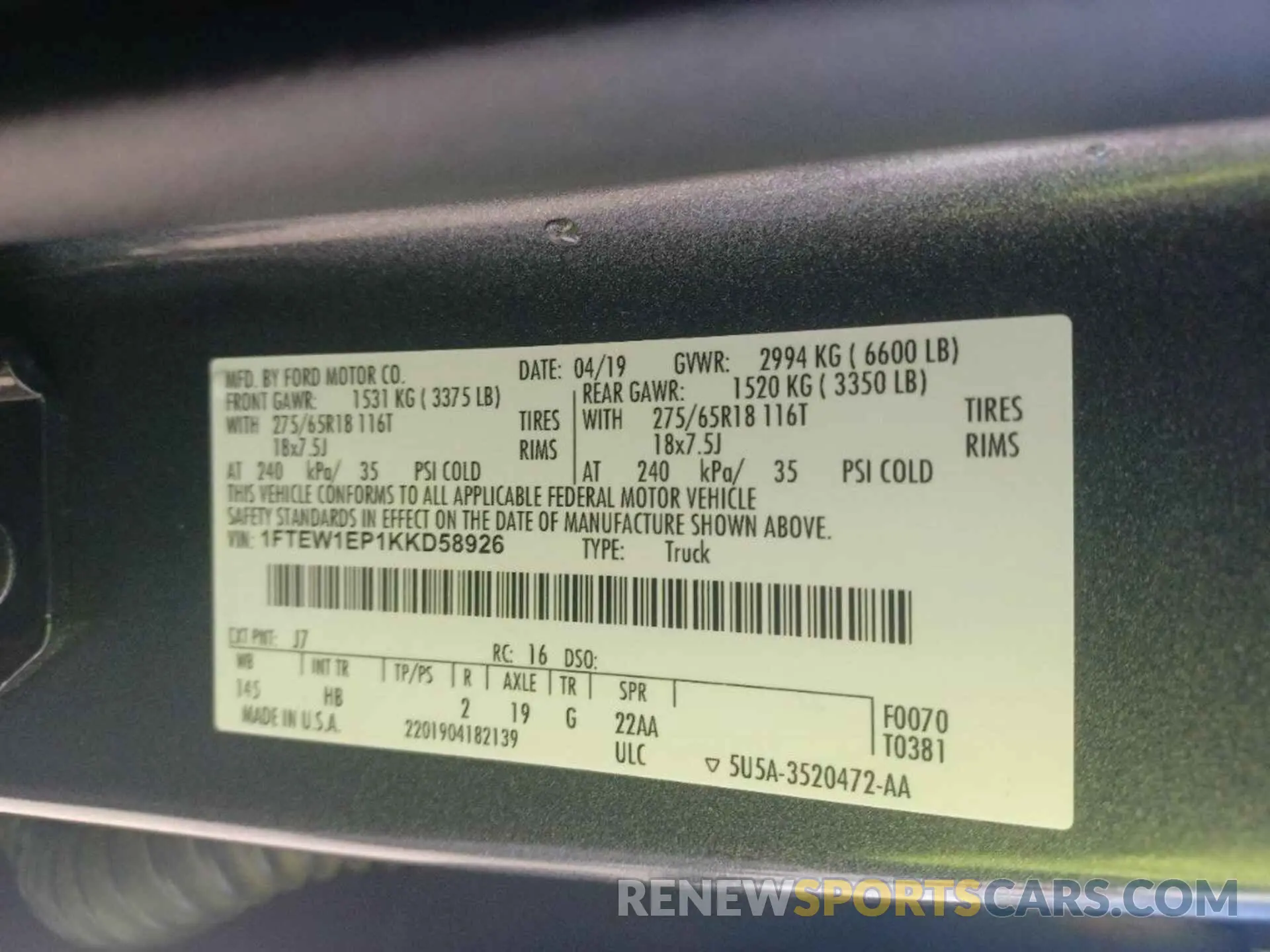 1 Photograph of a damaged car 1FTEW1EP1KKD58926 FORD F150 2019