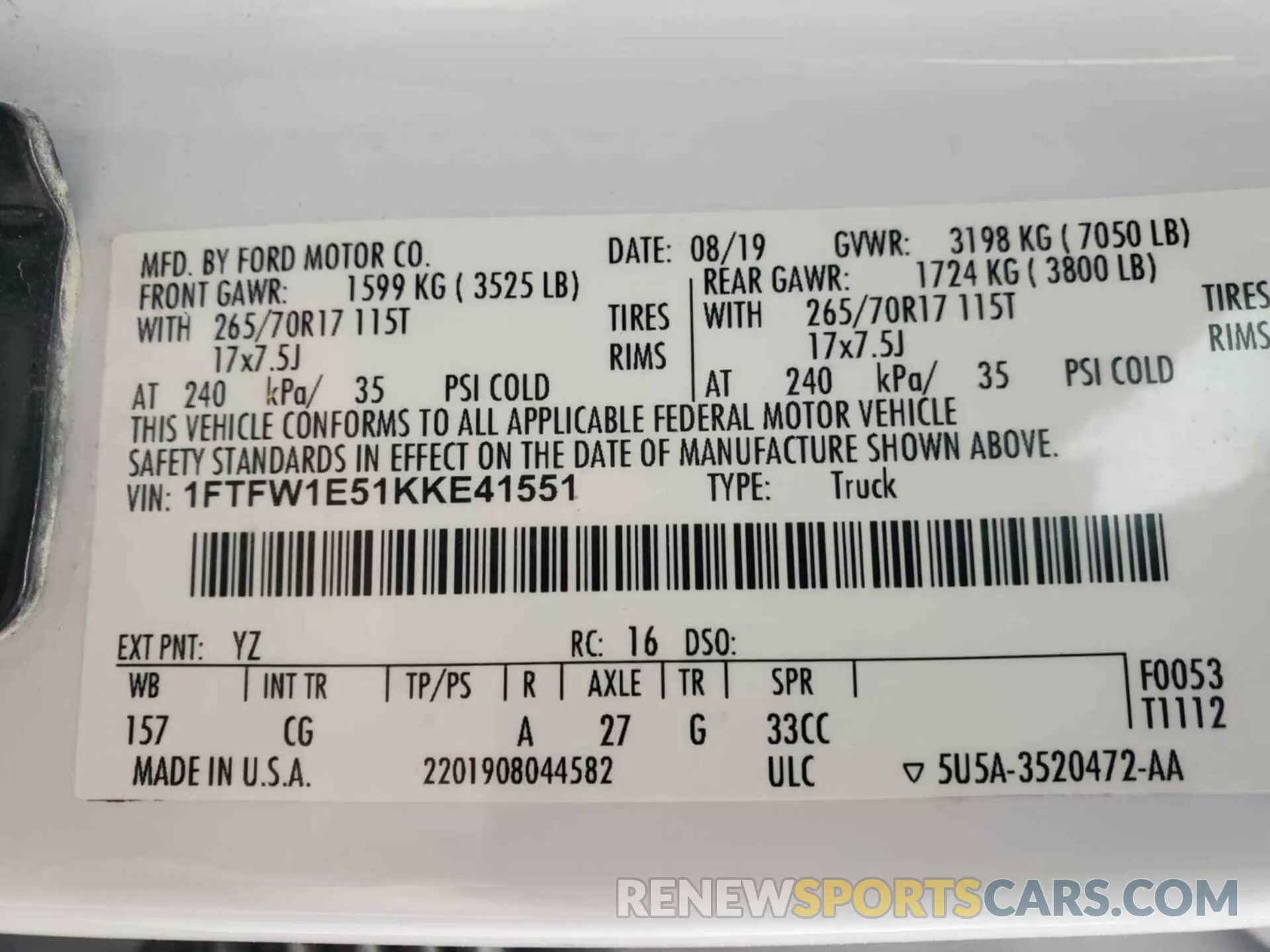 1 Photograph of a damaged car 1FTFW1E51KKE41551 FORD F150 2019