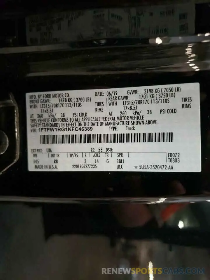 12 Photograph of a damaged car 1FTFW1RG1KFC46389 FORD F150 2019
