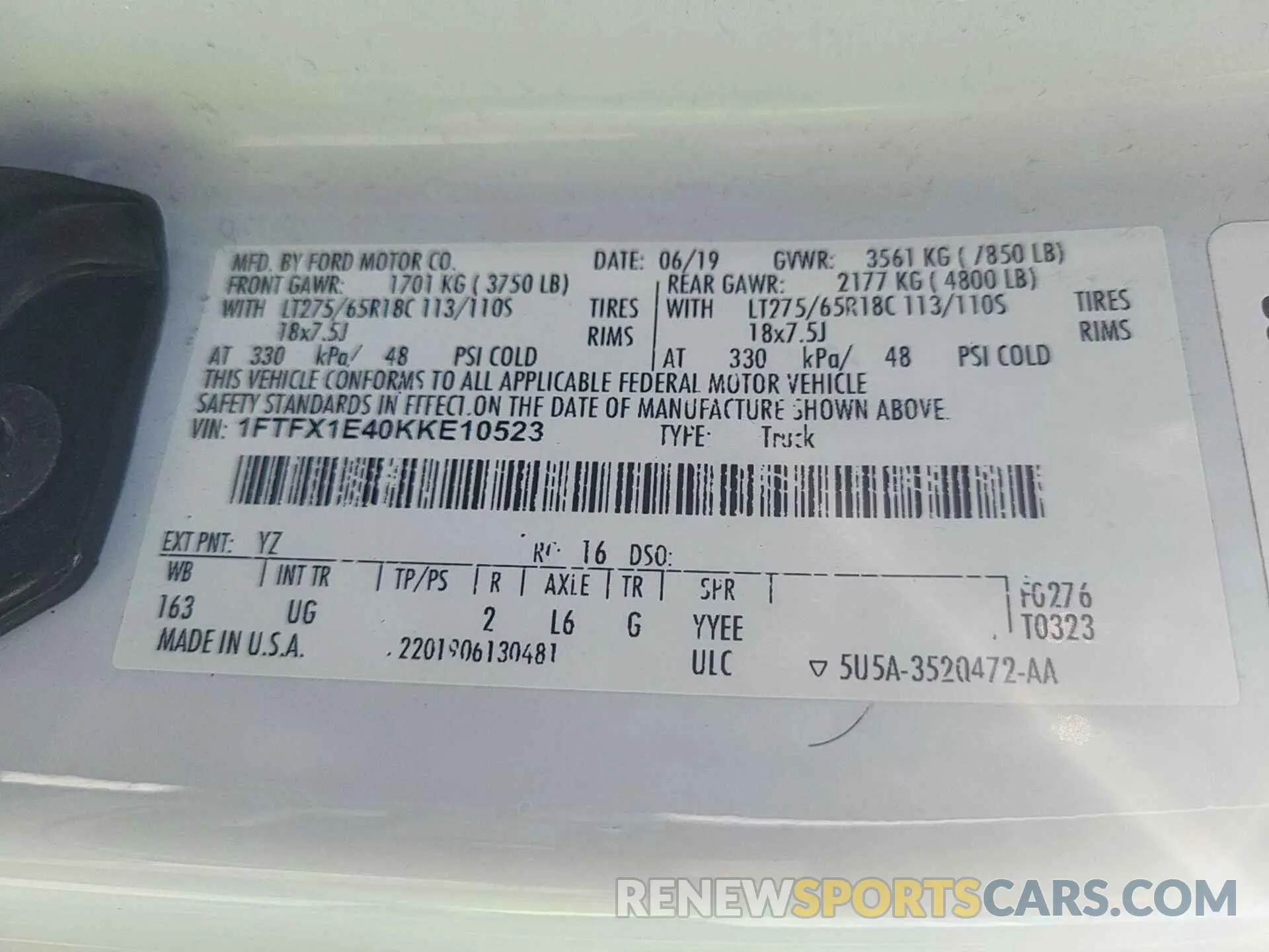 10 Photograph of a damaged car 1FTFX1E40KKE10523 FORD F150 2019