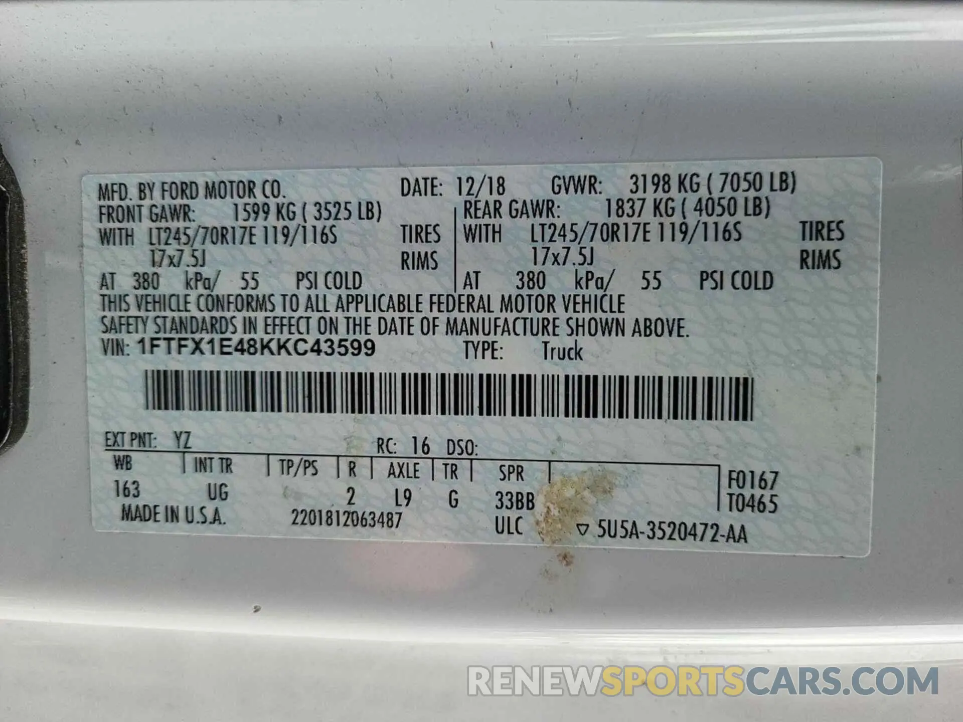 8 Photograph of a damaged car 1FTFX1E48KKC43599 FORD F150 2019