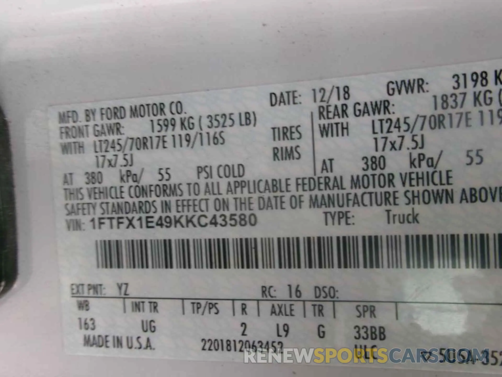 14 Photograph of a damaged car 1FTFX1E49KKC43580 FORD F150 2019