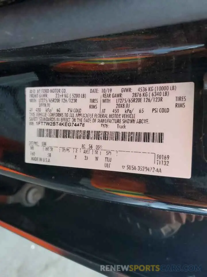 12 Photograph of a damaged car 1FT7W2BT4KEG74478 FORD F250 2019