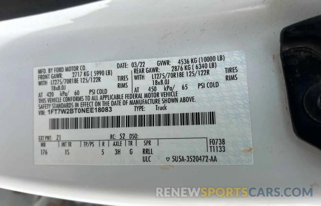 10 Photograph of a damaged car 1FT7W2BT0NEE18083 FORD F250 2022