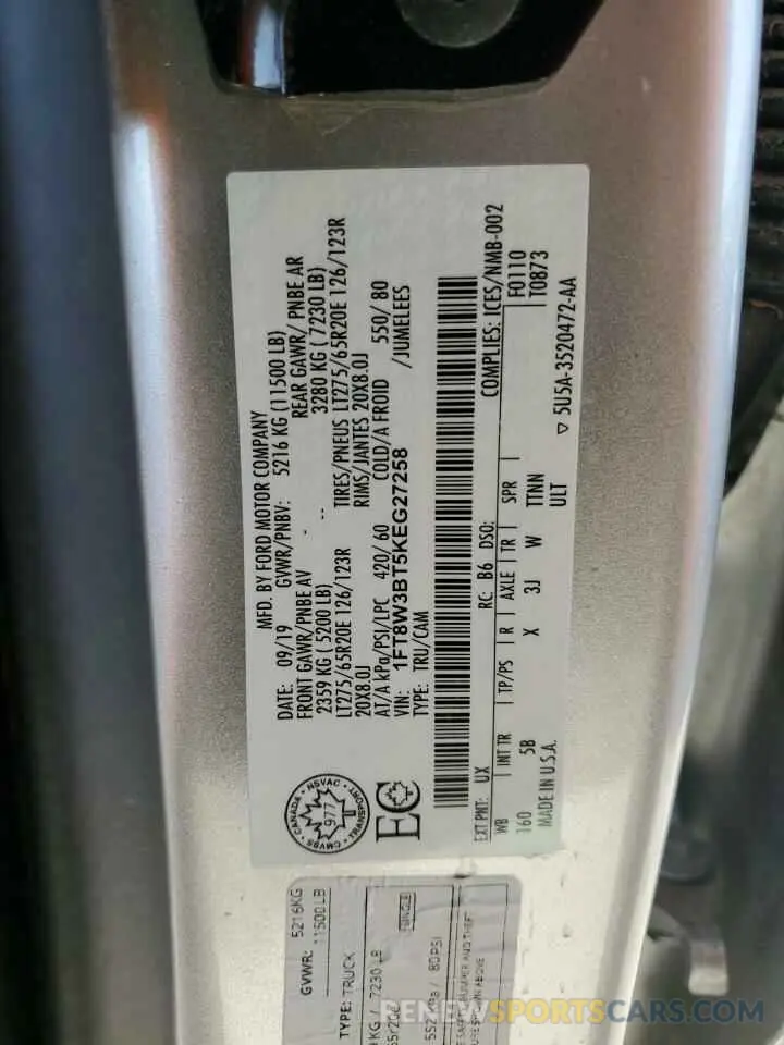 12 Photograph of a damaged car 1FT8W3BT5KEG27258 FORD F350 2019
