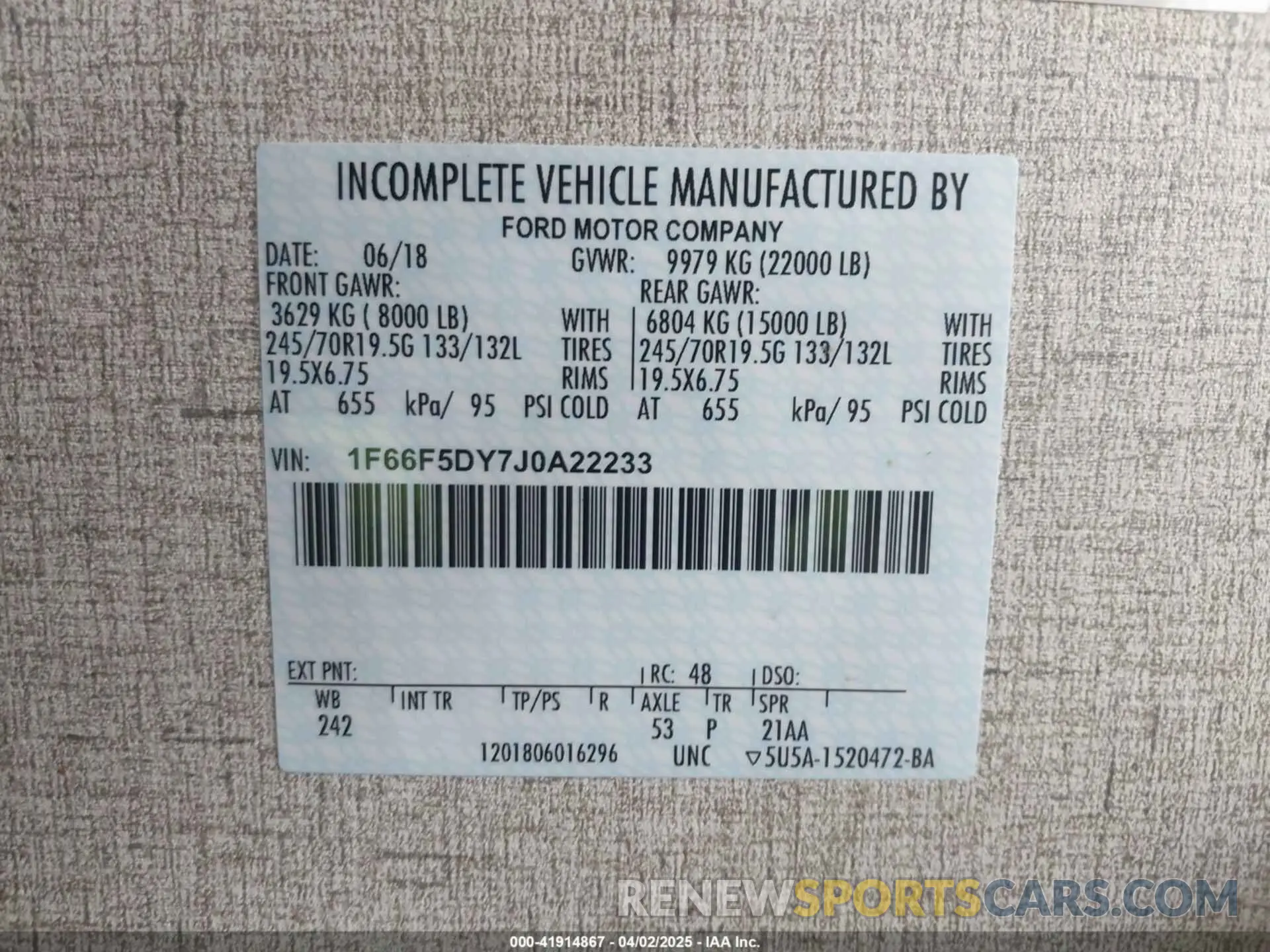 9 Photograph of a damaged car 1F66F5DY7J0A22233 FORD F53 2019