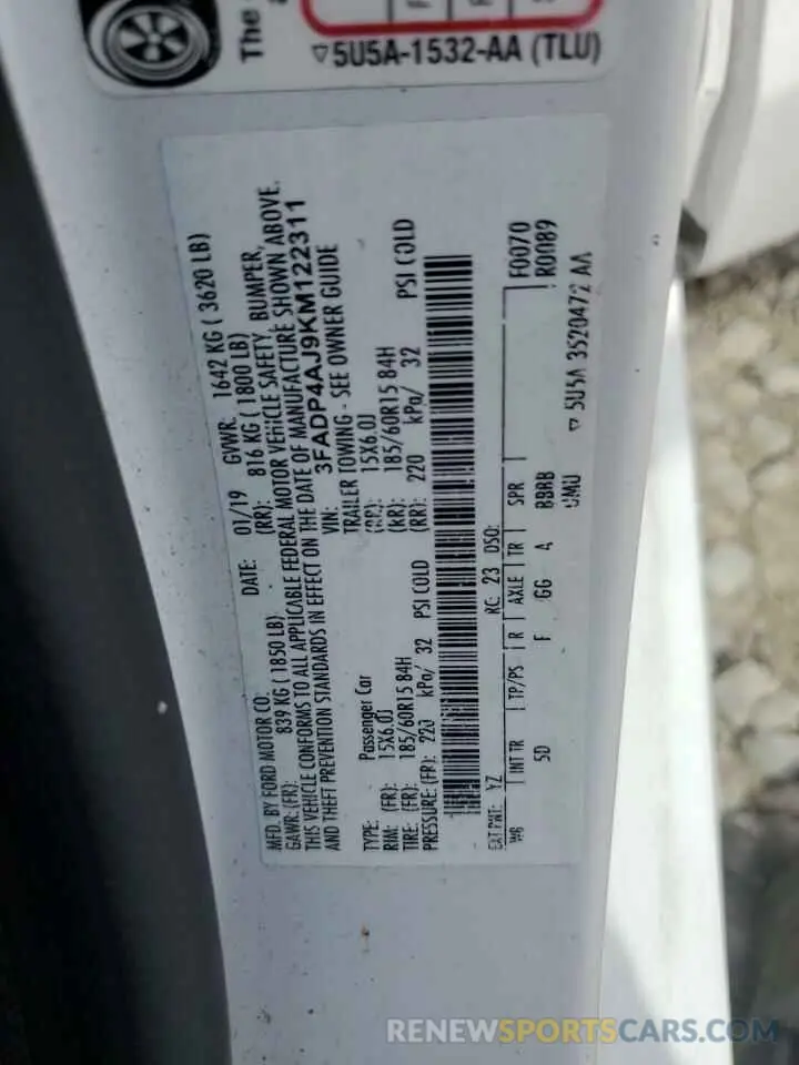 12 Photograph of a damaged car 3FADP4AJ9KM122311 FORD FIESTA 2019