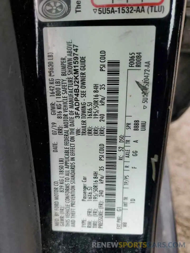 12 Photograph of a damaged car 3FADP4BJ2KM159747 FORD FIESTA 2019