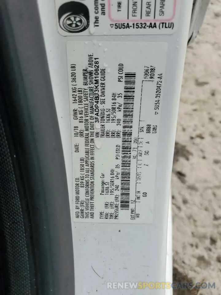 13 Photograph of a damaged car 3FADP4BJ3KM106281 FORD FIESTA 2019