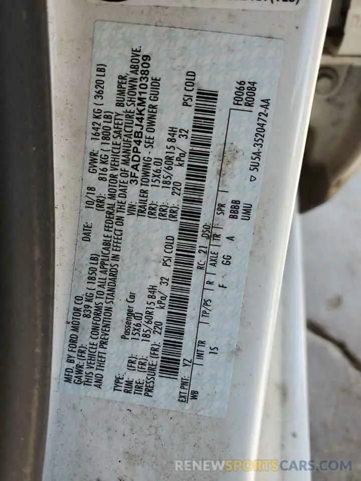 12 Photograph of a damaged car 3FADP4BJ4KM103809 FORD FIESTA 2019