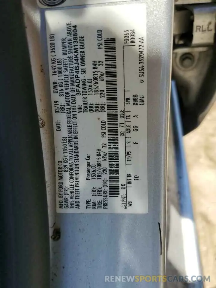 12 Photograph of a damaged car 3FADP4BJ4KM138804 FORD FIESTA 2019