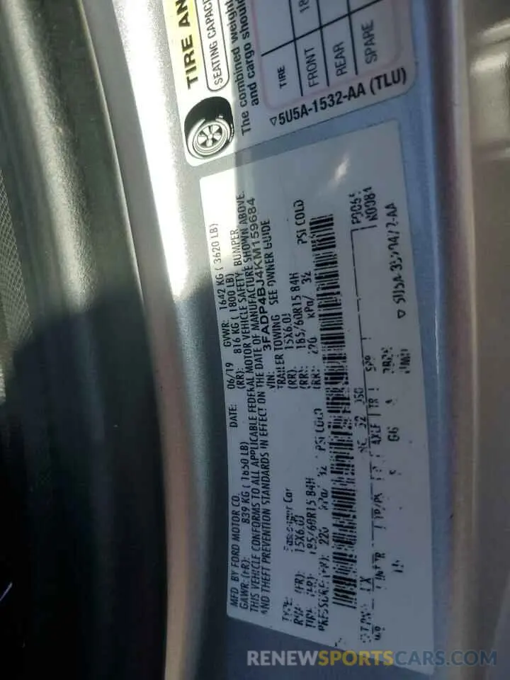 12 Photograph of a damaged car 3FADP4BJ4KM159684 FORD FIESTA 2019