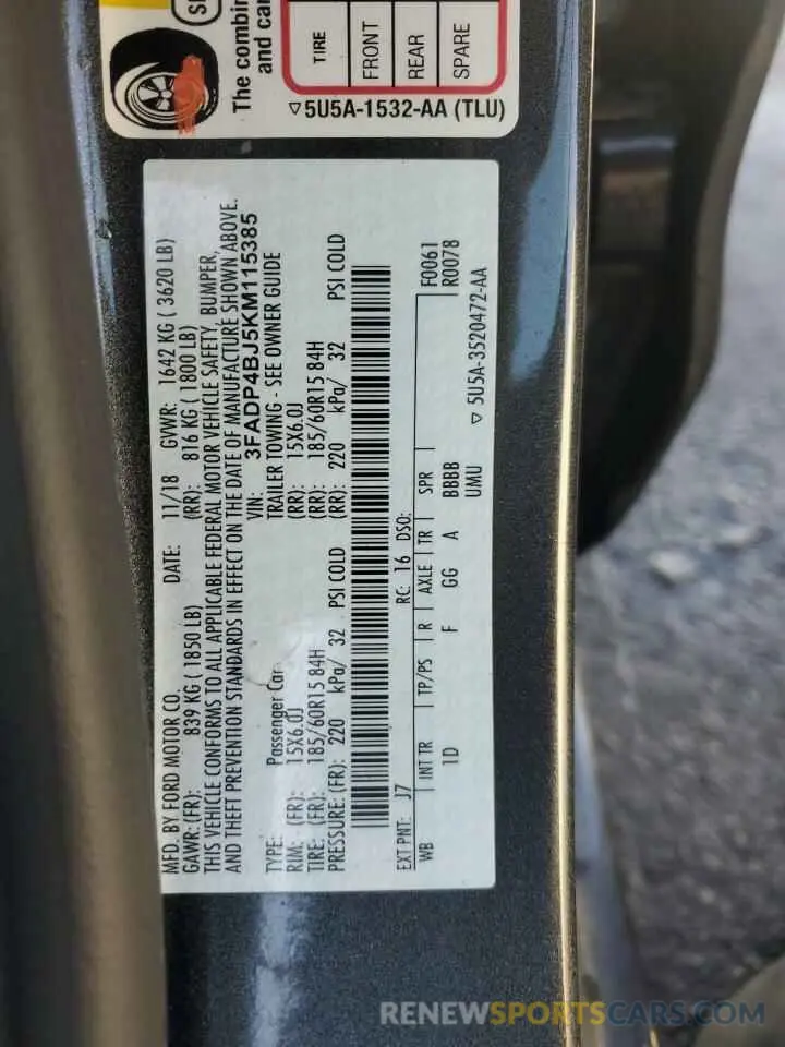 12 Photograph of a damaged car 3FADP4BJ5KM115385 FORD FIESTA 2019