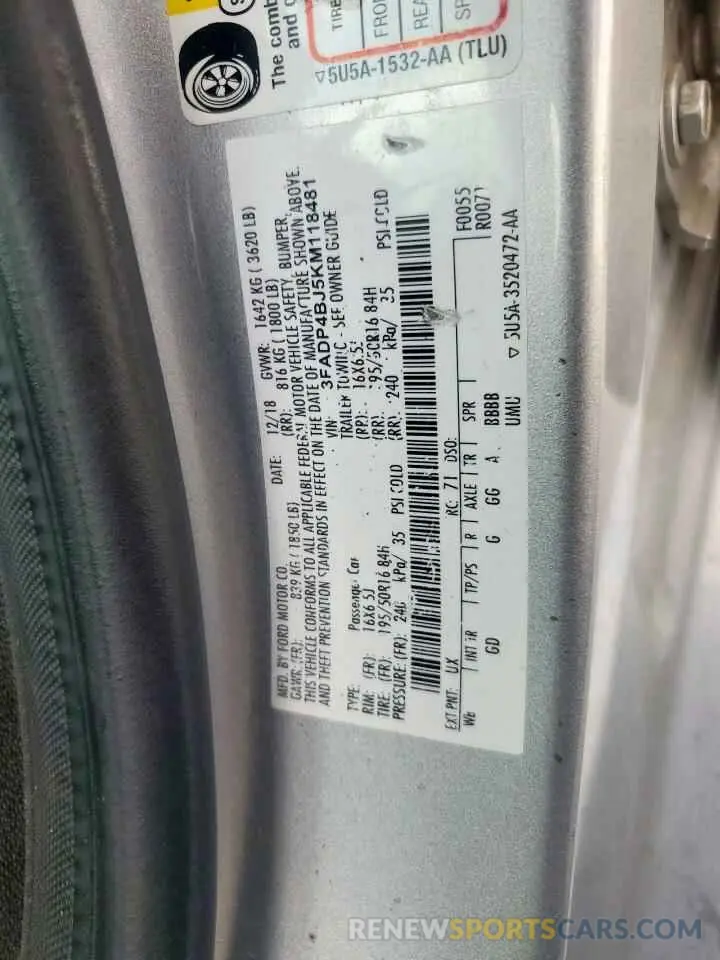 12 Photograph of a damaged car 3FADP4BJ5KM118481 FORD FIESTA 2019