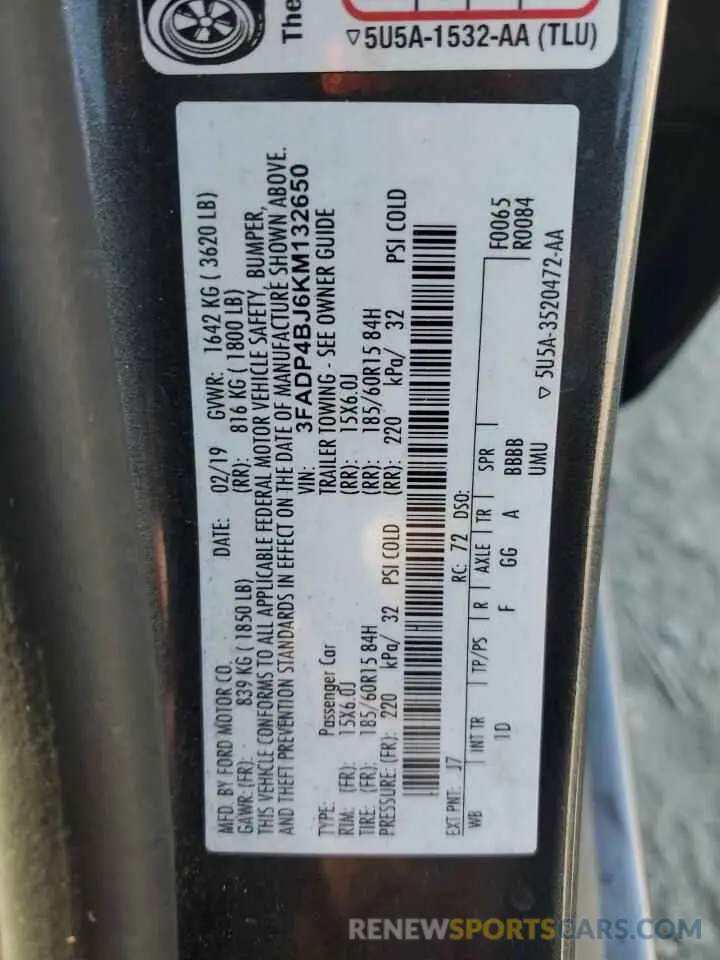 12 Photograph of a damaged car 3FADP4BJ6KM132650 FORD FIESTA 2019