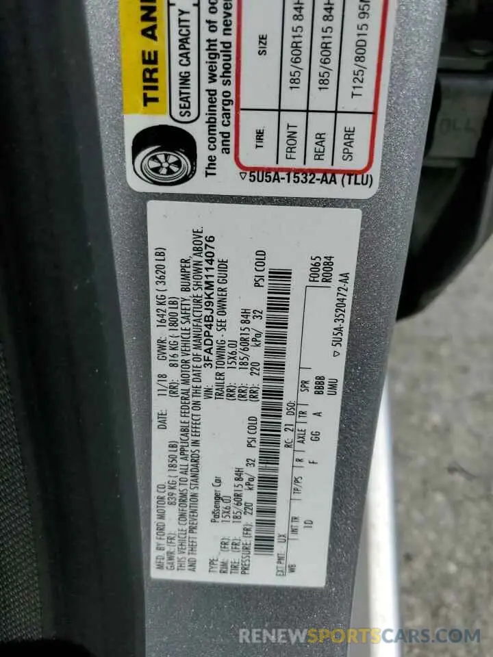 13 Photograph of a damaged car 3FADP4BJ9KM114076 FORD FIESTA 2019