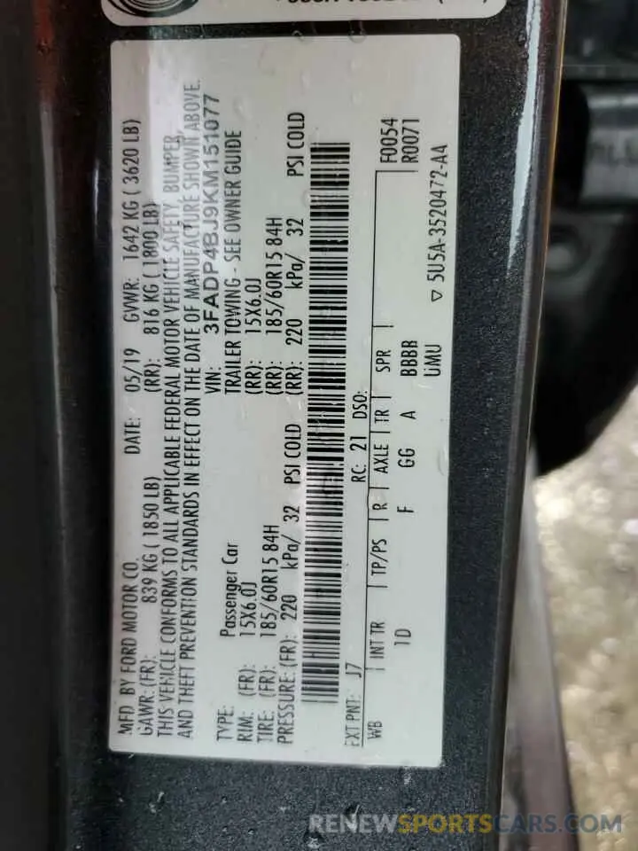 12 Photograph of a damaged car 3FADP4BJ9KM151077 FORD FIESTA 2019