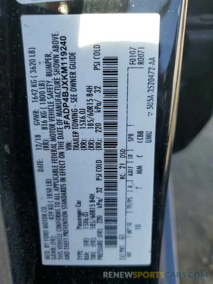 13 Photograph of a damaged car 3FADP4BJXKM119240 FORD FIESTA 2019