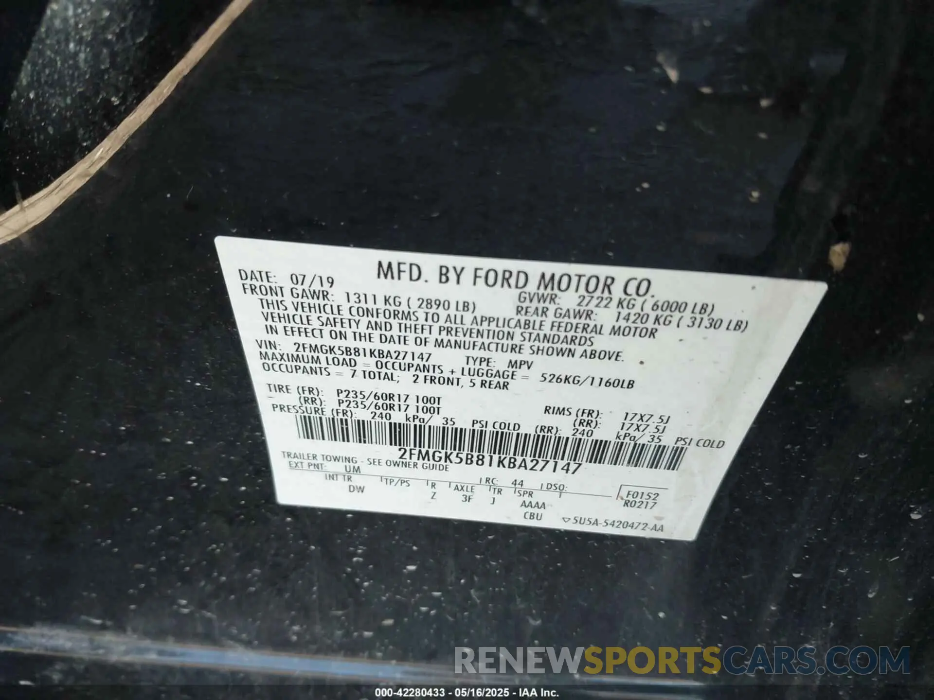 9 Photograph of a damaged car 2FMGK5B81KBA27147 FORD FLEX 2019