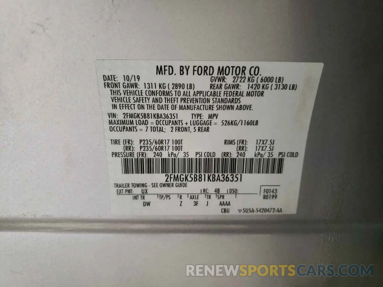 13 Photograph of a damaged car 2FMGK5B81KBA36351 FORD FLEX 2019