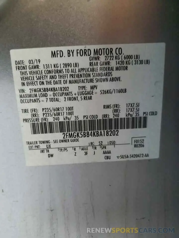 13 Photograph of a damaged car 2FMGK5B84KBA18202 FORD FLEX 2019