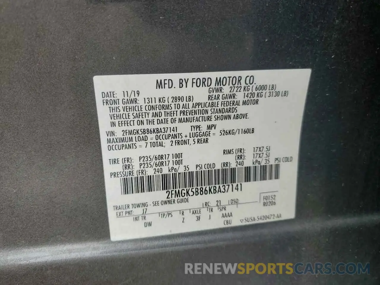 13 Photograph of a damaged car 2FMGK5B86KBA37141 FORD FLEX 2019
