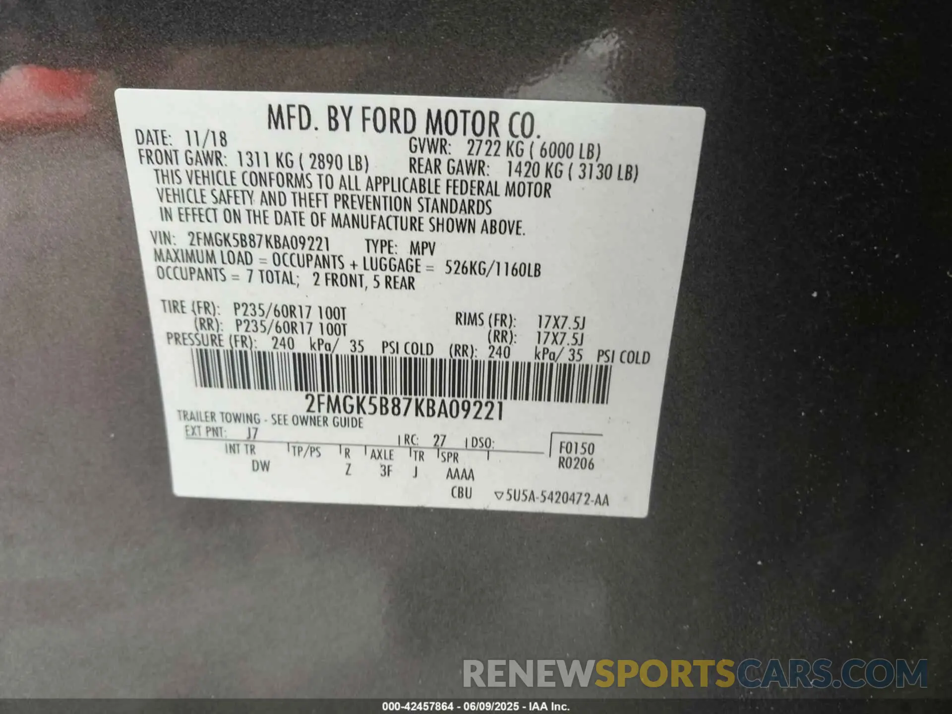 9 Photograph of a damaged car 2FMGK5B87KBA09221 FORD FLEX 2019