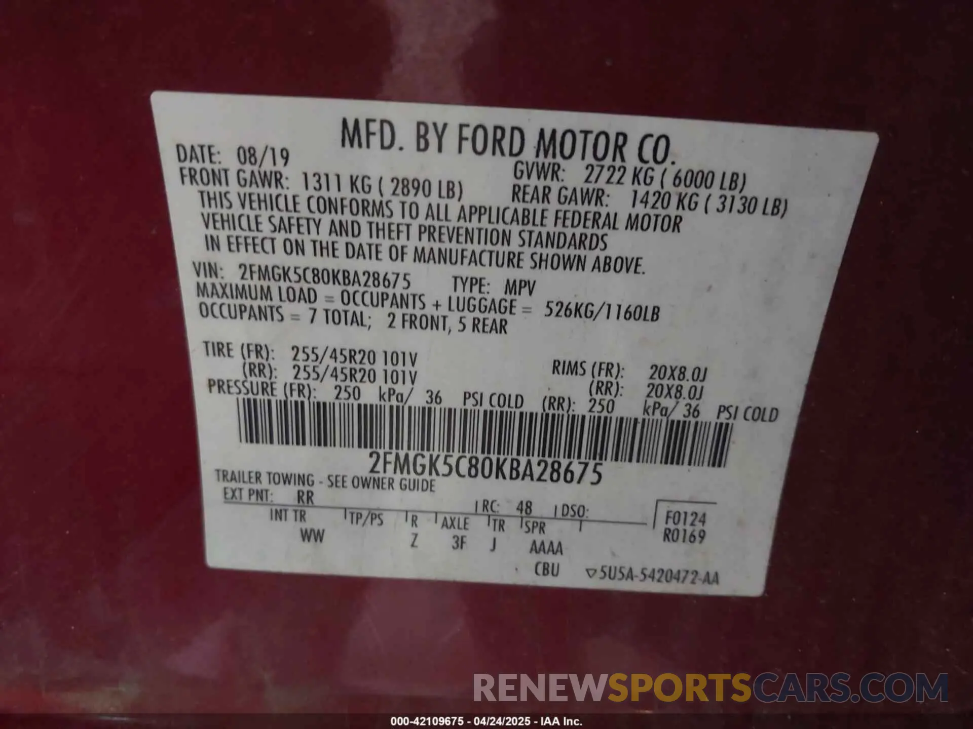 9 Photograph of a damaged car 2FMGK5C80KBA28675 FORD FLEX 2019