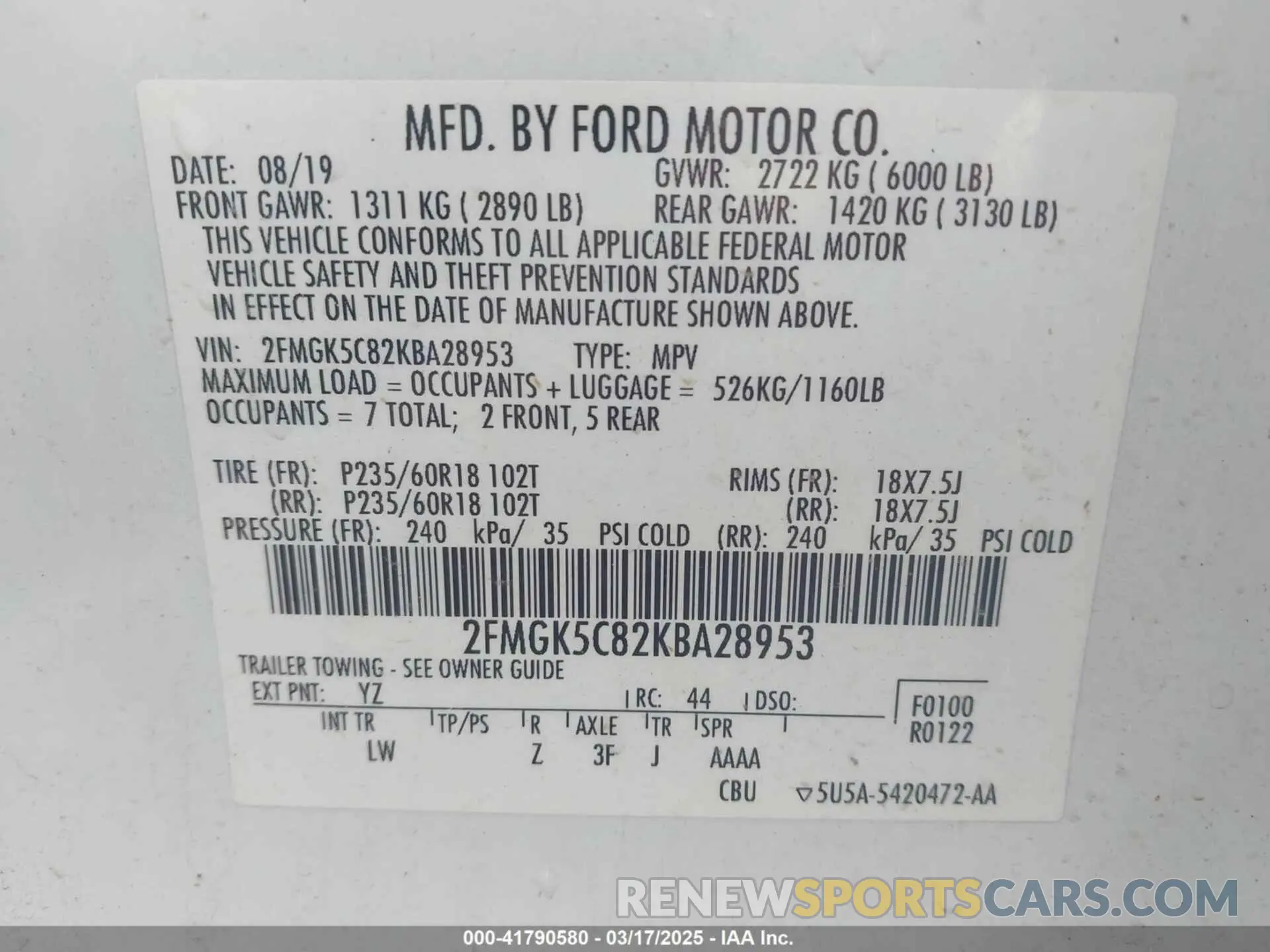 9 Photograph of a damaged car 2FMGK5C82KBA28953 FORD FLEX 2019
