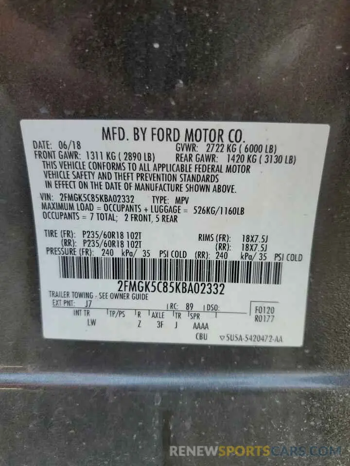 13 Photograph of a damaged car 2FMGK5C85KBA02332 FORD FLEX 2019