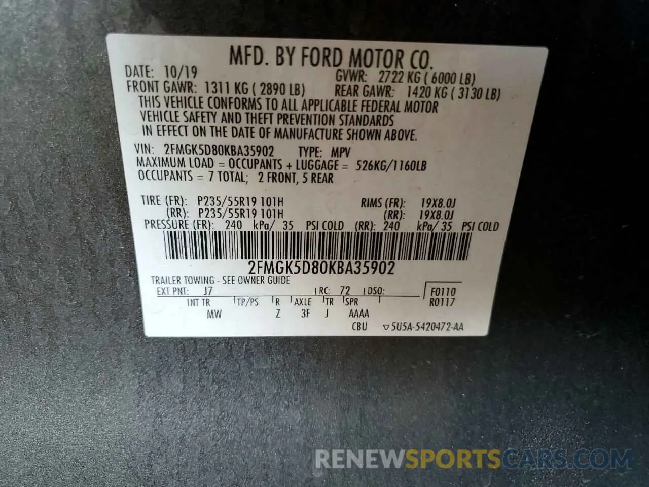 14 Photograph of a damaged car 2FMGK5D80KBA35902 FORD FLEX 2019