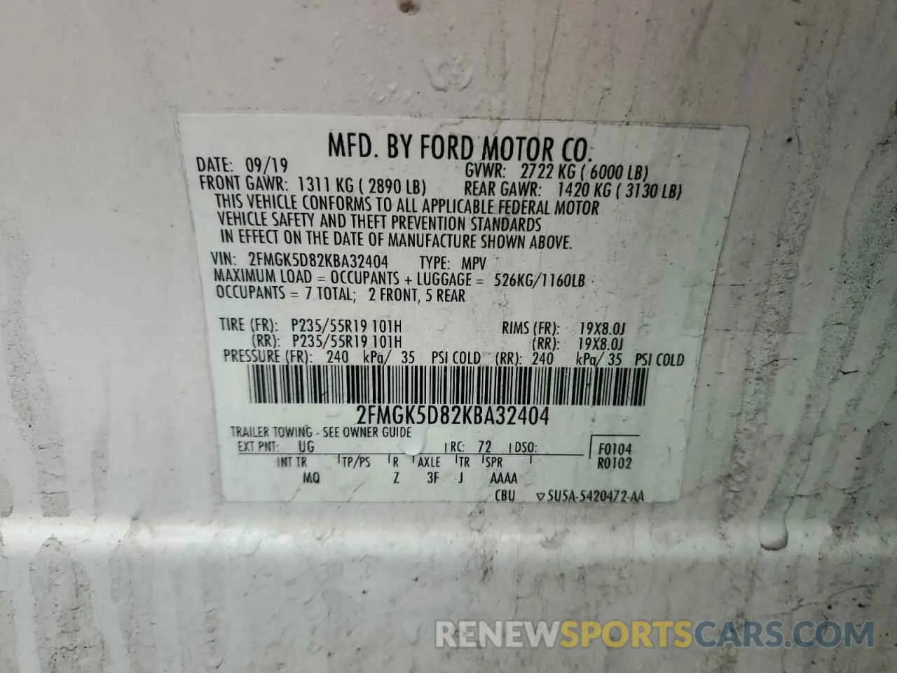 13 Photograph of a damaged car 2FMGK5D82KBA32404 FORD FLEX 2019