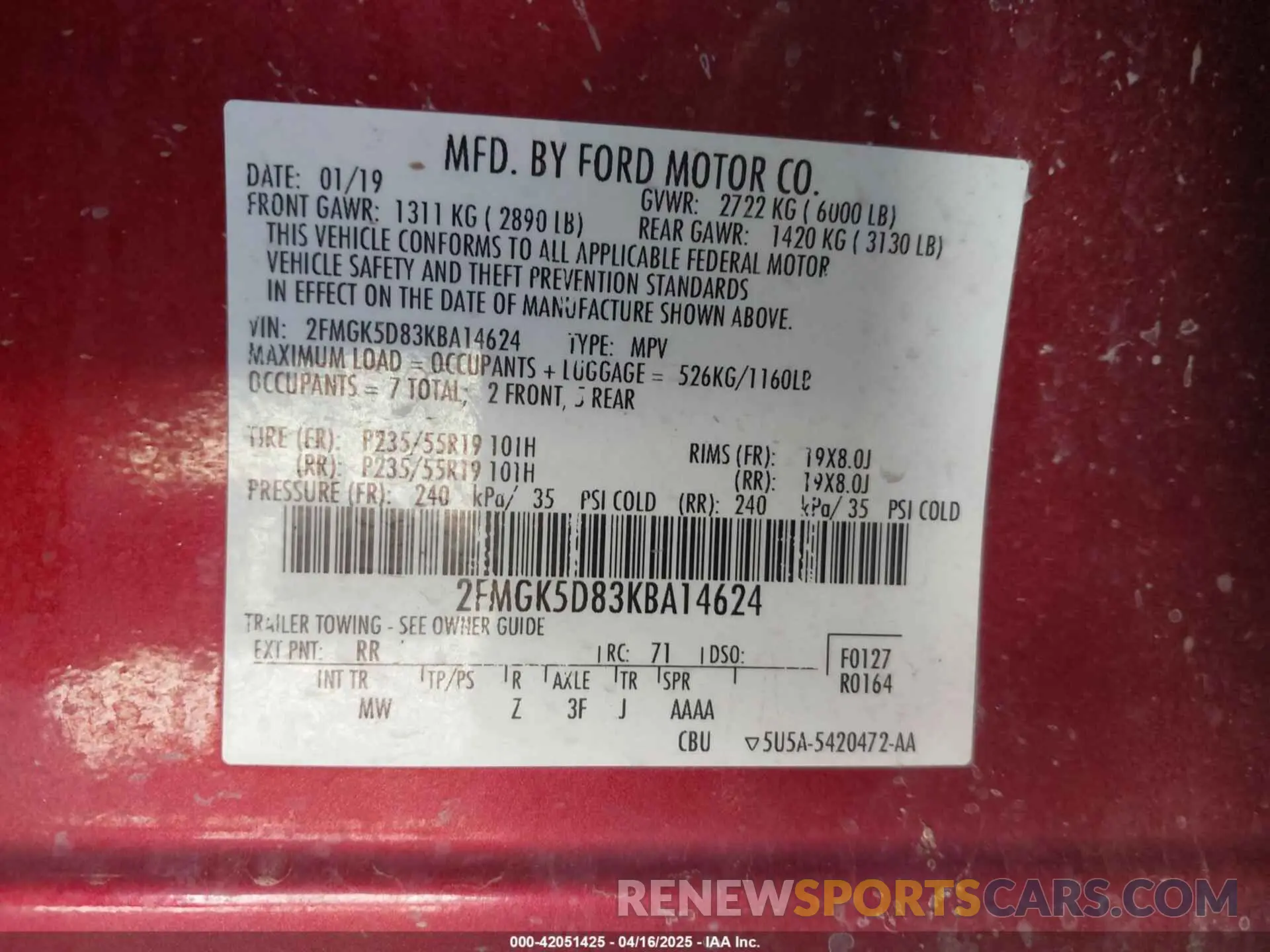 9 Photograph of a damaged car 2FMGK5D83KBA14624 FORD FLEX 2019