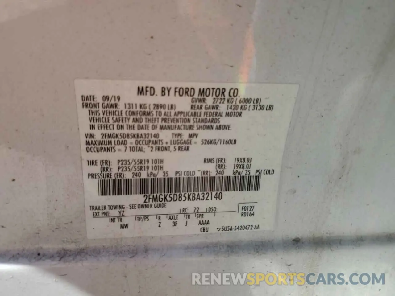 13 Photograph of a damaged car 2FMGK5D85KBA32140 FORD FLEX 2019