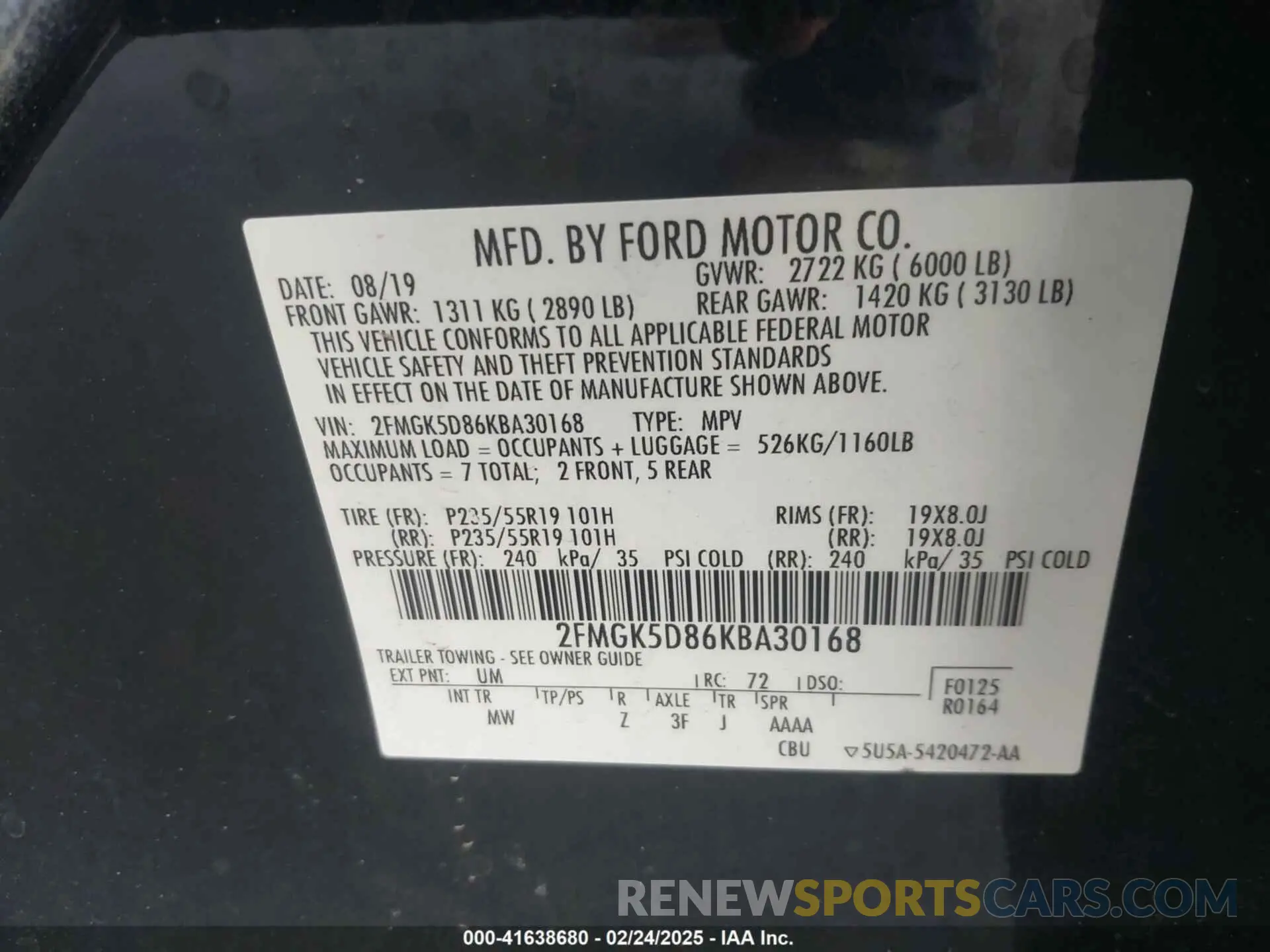 9 Photograph of a damaged car 2FMGK5D86KBA30168 FORD FLEX 2019