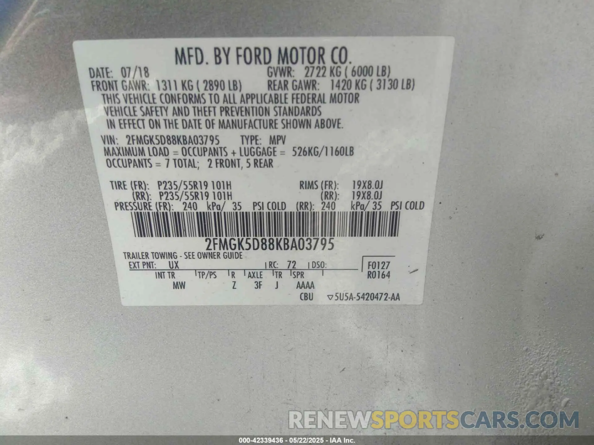 9 Photograph of a damaged car 2FMGK5D88KBA03795 FORD FLEX 2019