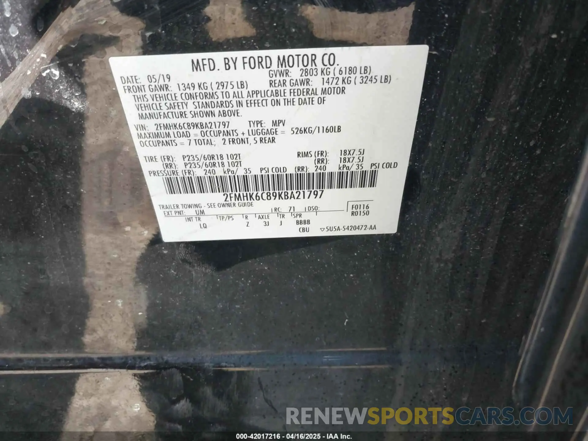 9 Photograph of a damaged car 2FMHK6C89KBA21797 FORD FLEX 2019