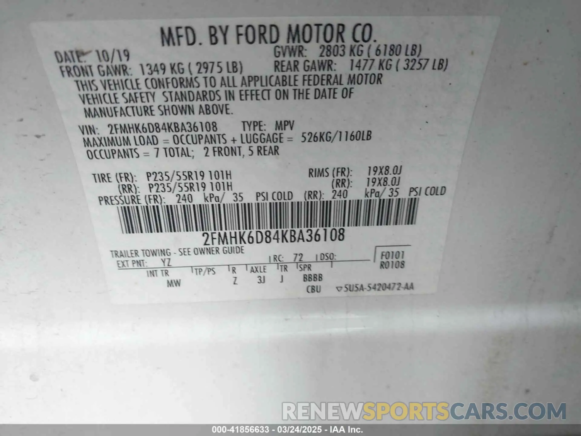 9 Photograph of a damaged car 2FMHK6D84KBA36108 FORD FLEX 2019