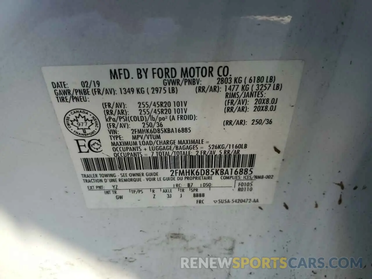 12 Photograph of a damaged car 2FMHK6D85KBA16885 FORD FLEX 2019