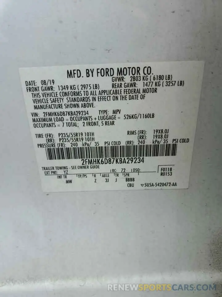 13 Photograph of a damaged car 2FMHK6D87KBA29234 FORD FLEX 2019