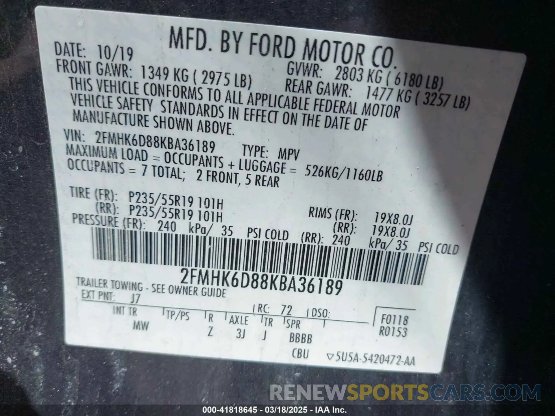 9 Photograph of a damaged car 2FMHK6D88KBA36189 FORD FLEX 2019